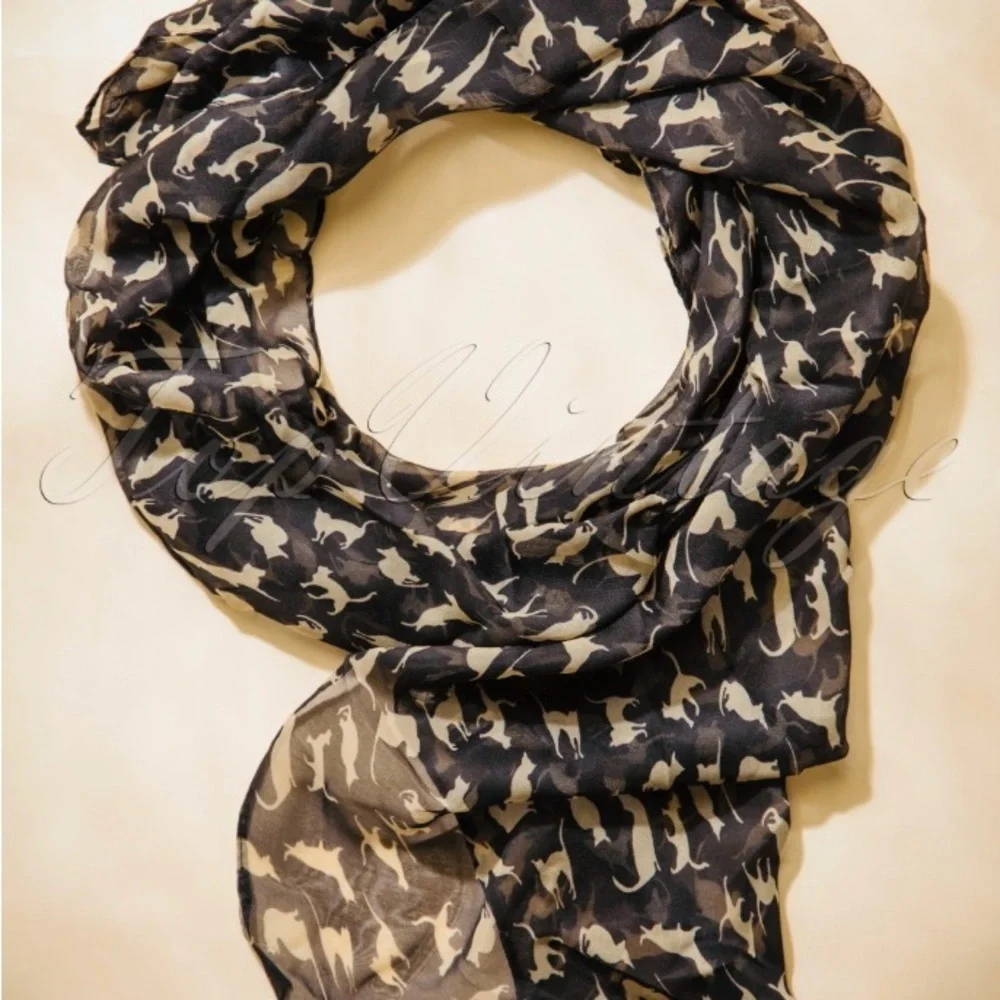 Scarf with Cat Design in Black and Beige EUC